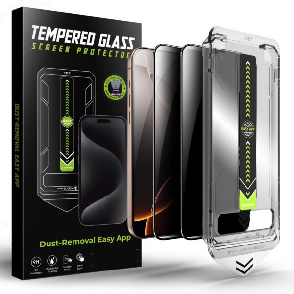 Titan Series 2-Pack Screen Protector + Dust Free Installation (Privacy/HD Tempered Glass) – Compatible with iPhone 17 / 16 / 15 / 14 Series